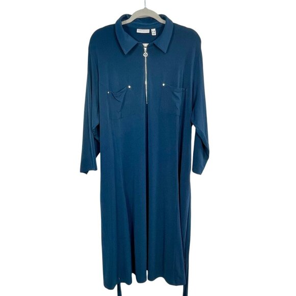 Susan Graver Liquid Knit Navy Zip-Front Shirt Dress with Tie Waist | Plus 3X - Picture 12 of 12